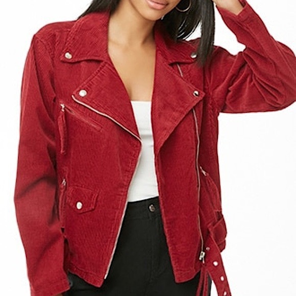 (SOLD) F21 Red Corduroy Moto Jacket ♥️ - Picture 2 of 3
